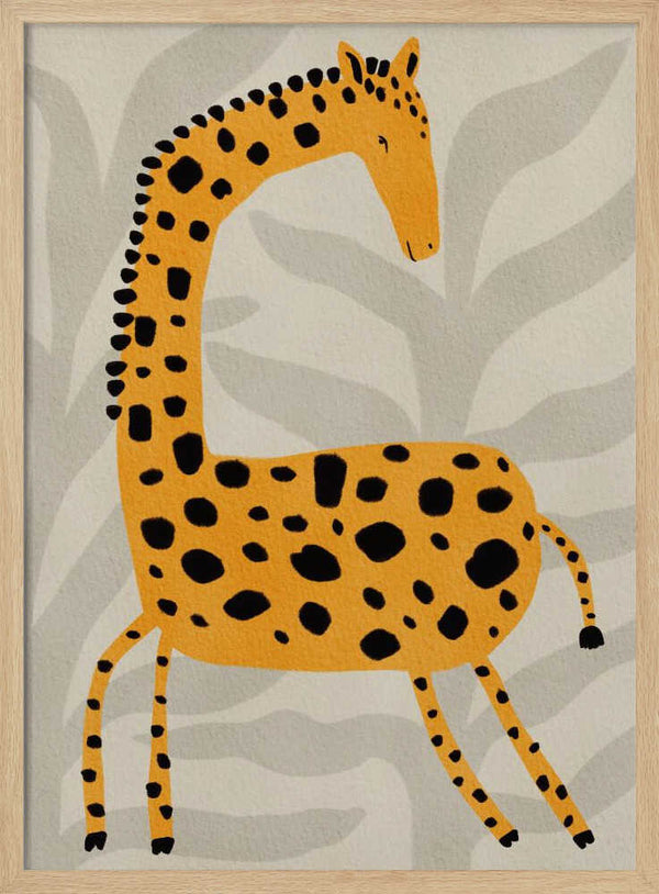 Spotted giraffe illustration on a soft beige background, safari nursery wall art print.