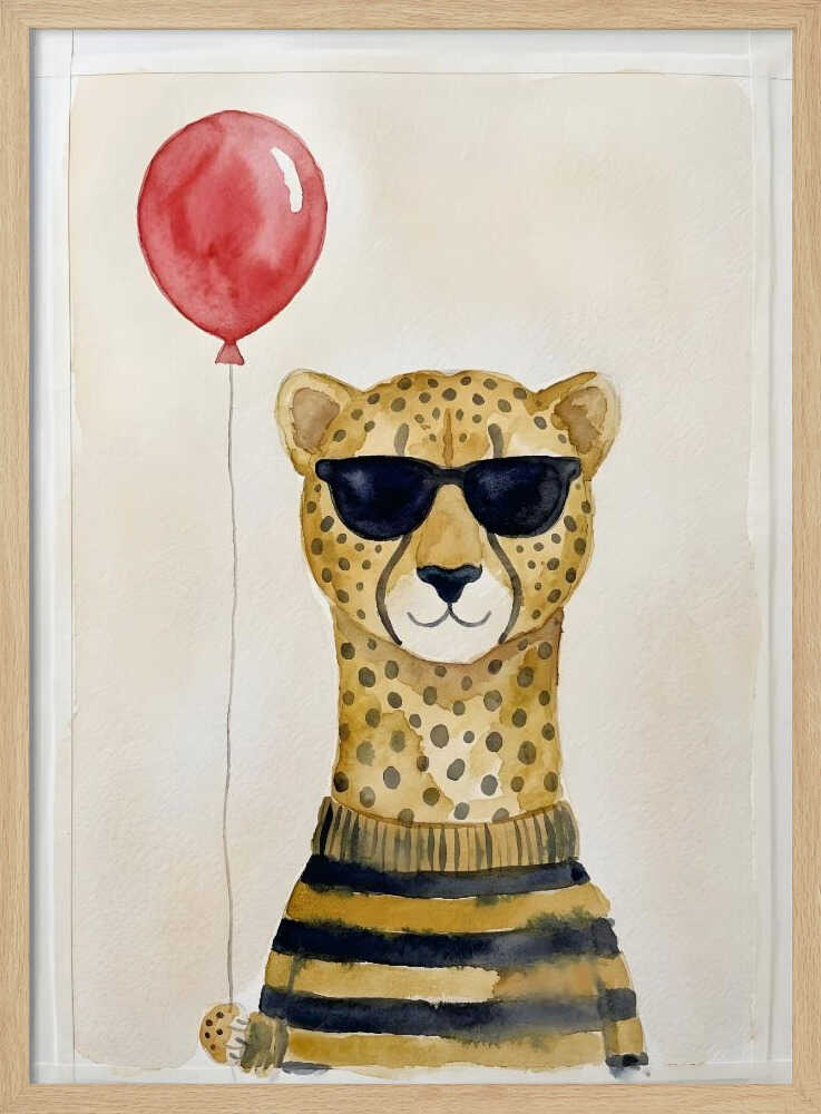 Cartoon cheetah in a striped sweater and sunglasses holding a red balloon, animal nursery wall art print.