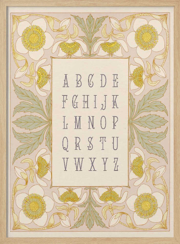 Ornate alphabet letterforms surrounded by anemone and garden florals, alphabet nursery print.