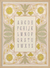 Ornate alphabet letterforms surrounded by anemone and garden florals, alphabet nursery print.
