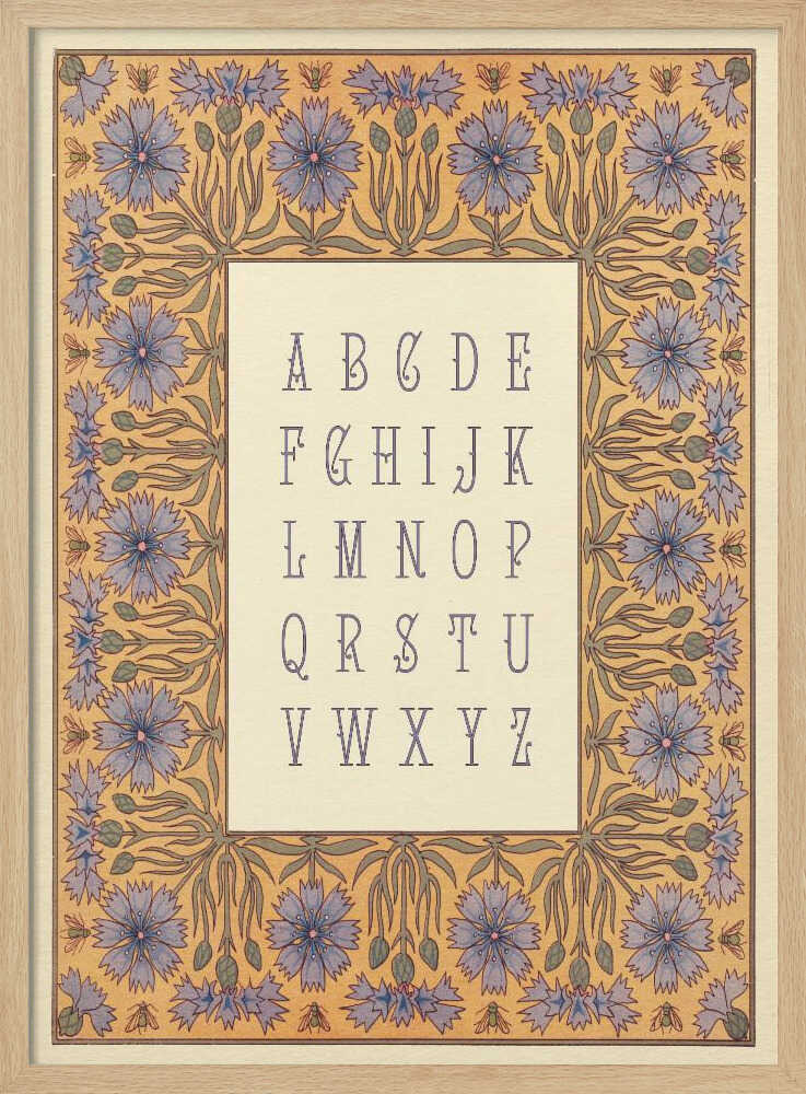 Ornate alphabet letters bordered with blue florals, alphabet nursery print.
