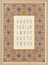 Ornate alphabet letters bordered with blue florals, alphabet nursery print.