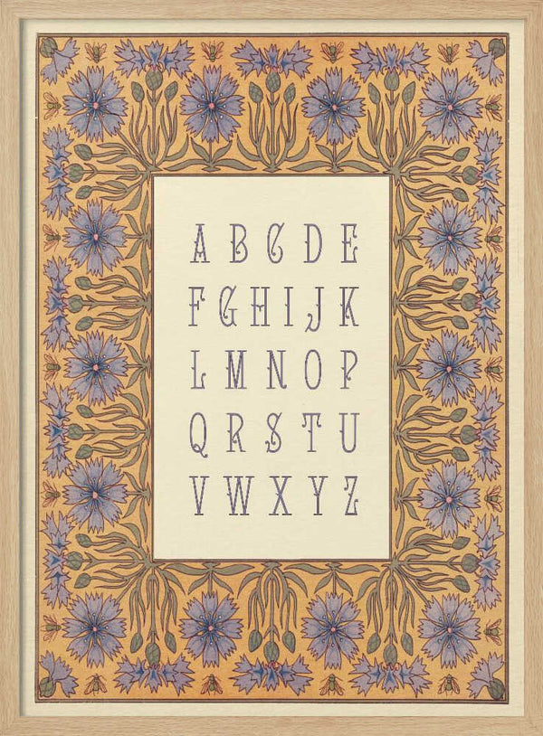Ornate alphabet letters bordered with blue florals, alphabet nursery print.