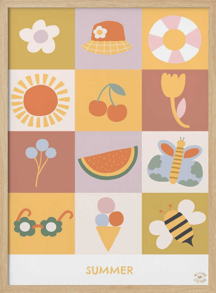 Collage of bees, fruit, flowers and ice cream cones, nursery wall art print.