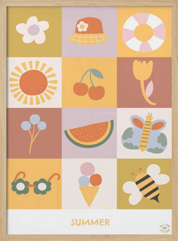 Collage of bees, fruit, flowers and ice cream cones, nursery wall art print.