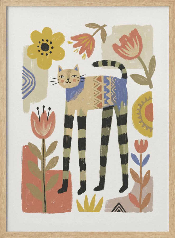 Stylised cat illustration with folk florals and geometric patterns, animal nursery wall art print.