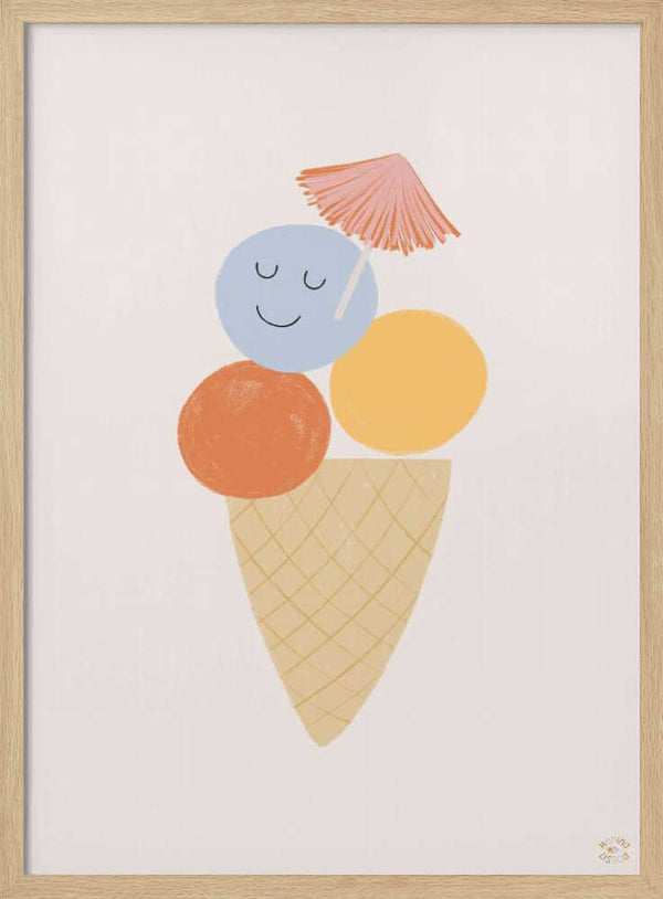 Smiling ice cream cone illustration in pastel tones, kids wall art print.