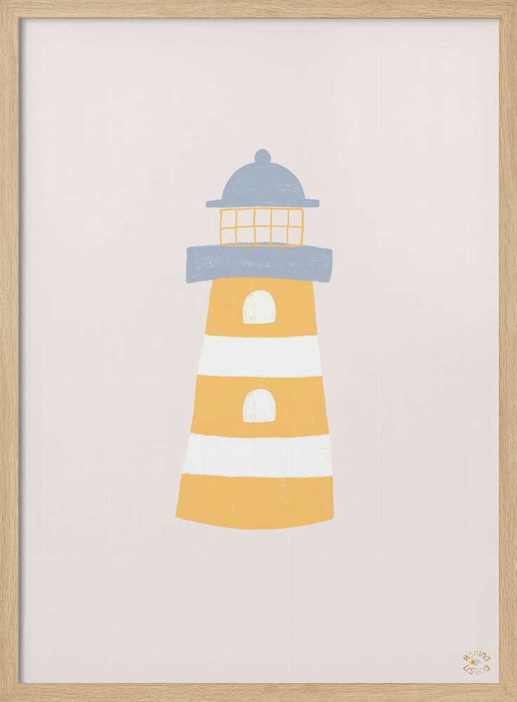 Striped lighthouse illustration in soft pastel tones, nursery wall art print.