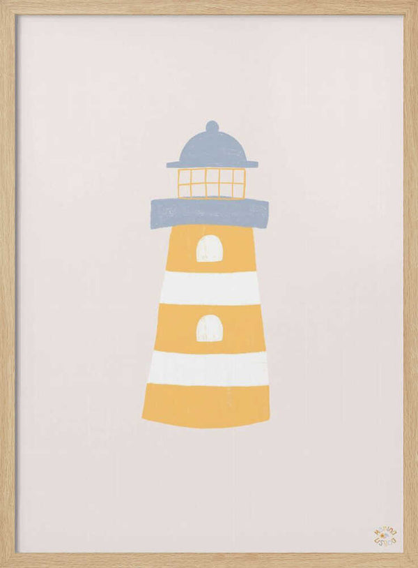 Striped lighthouse illustration in soft pastel tones, nursery wall art print.