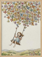 Watercolour illustration of a girl swinging beneath colourful butterflies, kids wall art print.