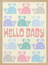 Adorable baby whale illustrations in soft pastel hues, ocean nursery wall art print.