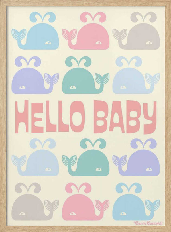 Adorable baby whale illustrations in soft pastel hues, ocean nursery wall art print.