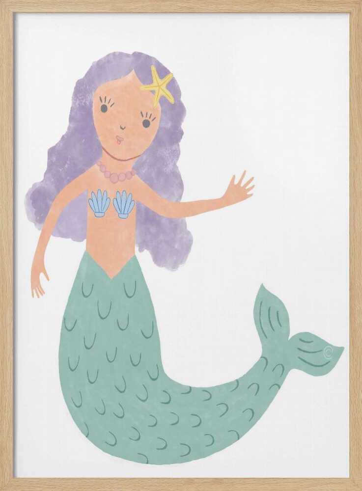 Cartoon mermaid with starfish and shell among soft underwater tones, ocean nursery wall art print.