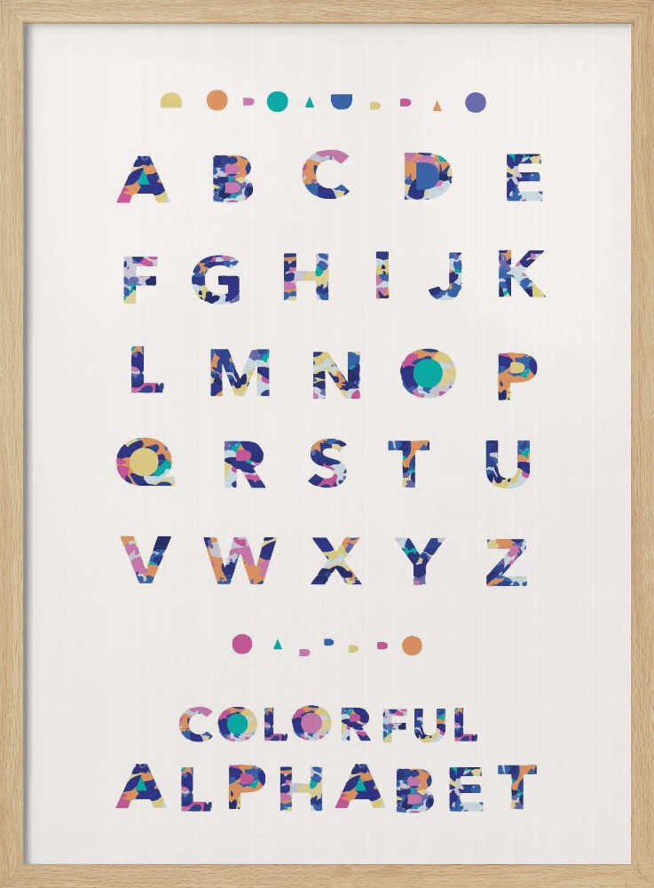 Bold, colourful graphic alphabet letters, alphabet nursery print for early learning.