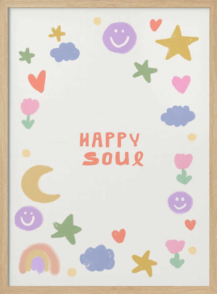 Pastel clouds, smiling moon, hearts and stars illustration, cheerful nursery wall art print.
