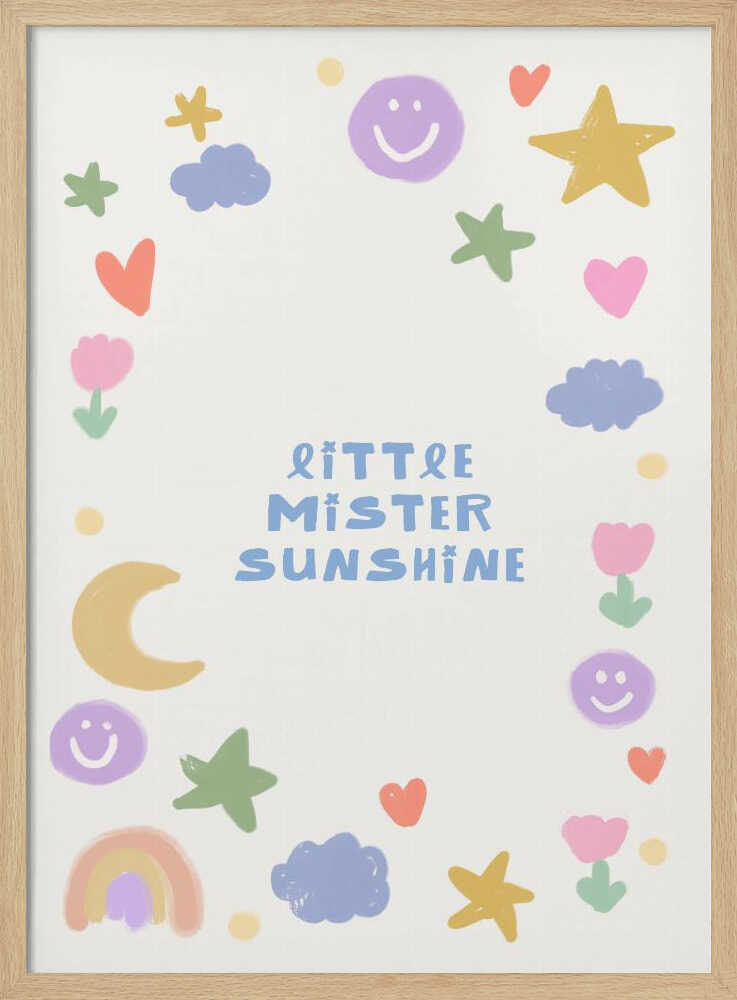 Smiling sun with pastel clouds and hand drawn details, nursery wall art print for the baby room.