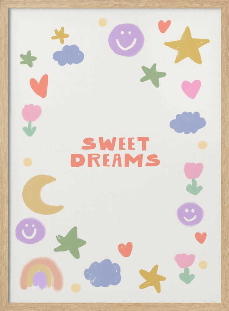 Hand-drawn clouds, crescent moon and happy doodle faces, nursery wall art print.