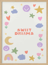 Hand-drawn clouds, crescent moon and happy doodle faces, nursery wall art print.