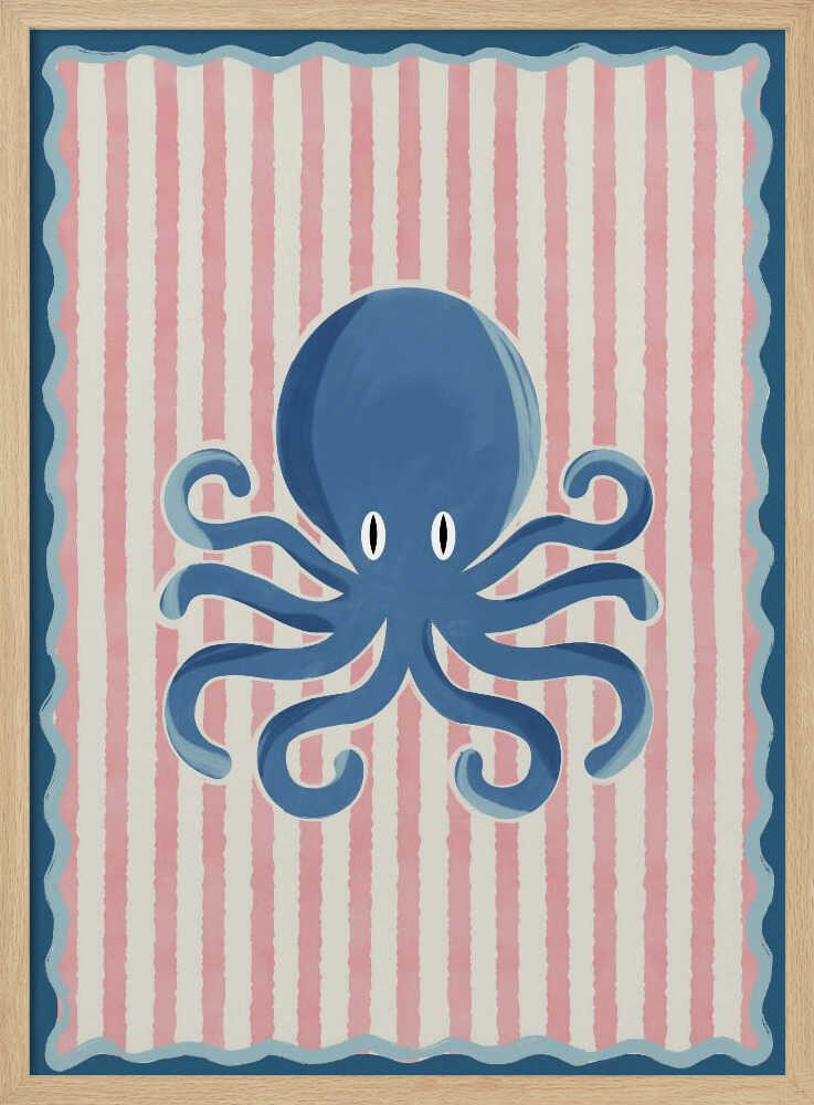 Blue octopus illustration with playful curled arms, ocean nursery wall art print for the baby room.