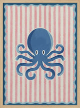 Blue octopus illustration with playful curled arms, ocean nursery wall art print for the baby room.