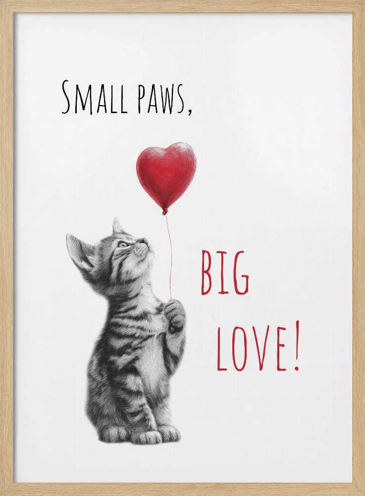 Illustrated kitten holding a heart-shaped balloon, animal nursery wall art print.
