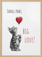Illustrated kitten holding a heart-shaped balloon, animal nursery wall art print.
