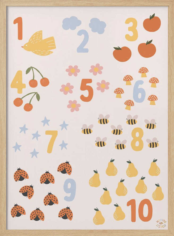 Colourful counting chart with animals, fruits and numbers 1 to 10, educational nursery wall art print.