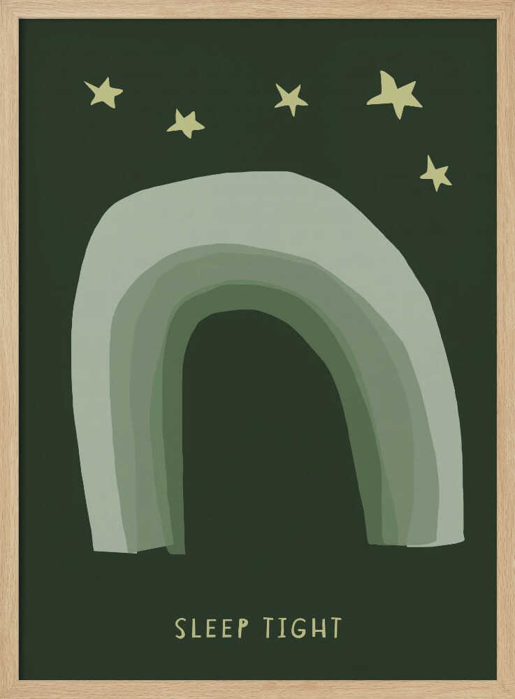 Sage green rainbow arch with mustard stars and 'Sleep Tight' text, nursery wall art print.