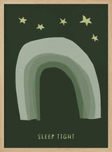 Sage green rainbow arch with mustard stars and 'Sleep Tight' text, nursery wall art print.