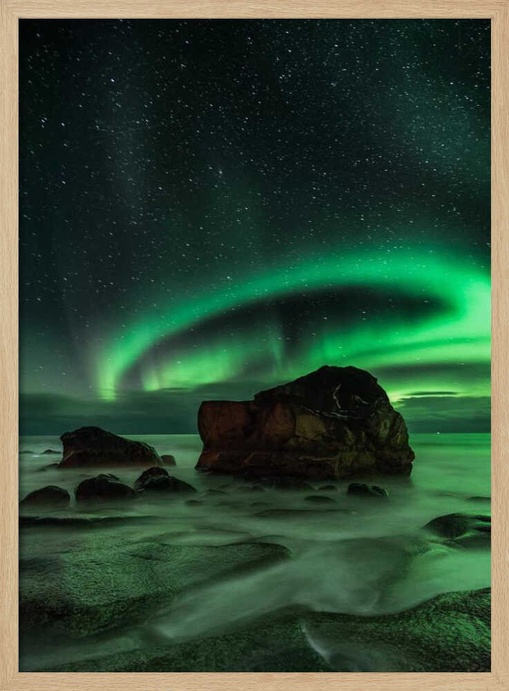 Green Aurora Ocean Rocks Art Print UK — Dark Moody Calm Wall Art — Bedroom — Wall It All Prints