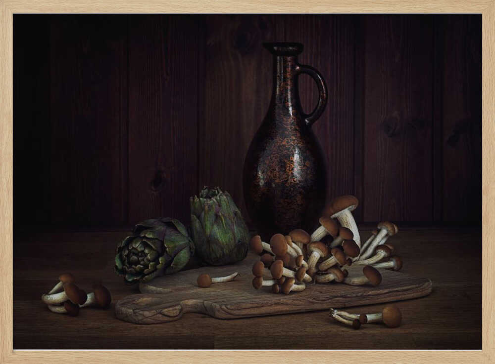 Artichokes And Mushrooms Still Life Art Print UK — Dark Moody Dark Wall Art — Kitchen — Wall It All Prints