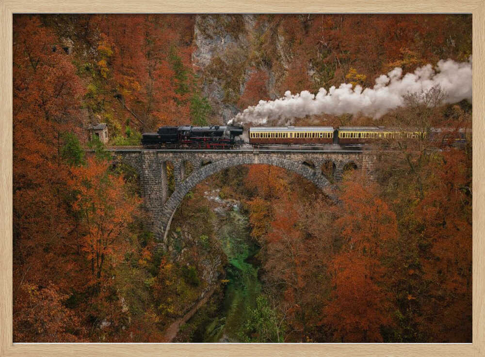 Autumn Steam Train Bridge Art Print UK — Landscape Vibrant Wall Art — Living Room — Wall It All Prints