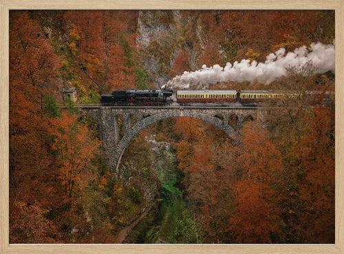 Autumn Steam Train Bridge Art Print UK — Botanical Vibrant Wall Art — Living Room — Wall It All Prints