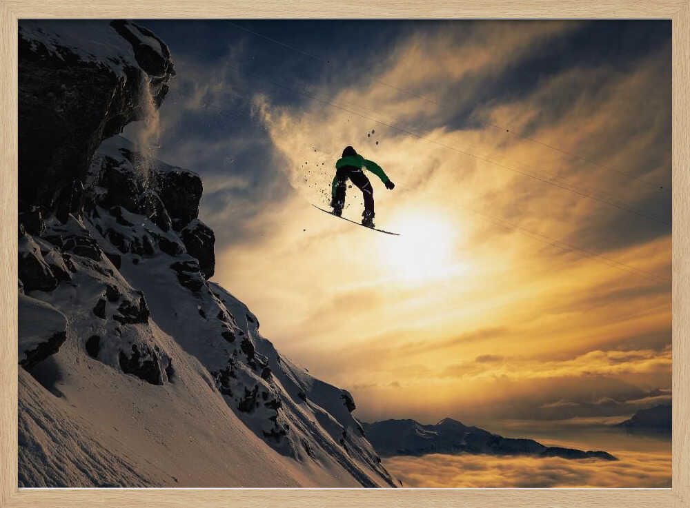 Snowboarder Sunset Jump Art Print UK — Dark Moody Warm Wall Art — Living Room — Wall It All Prints