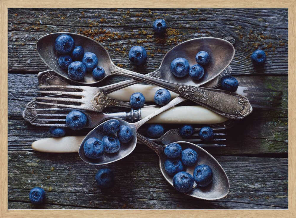 Blueberries and Vintage Silver Art Print UK — Dark Moody Dark Wall Art — Kitchen — Wall It All Prints