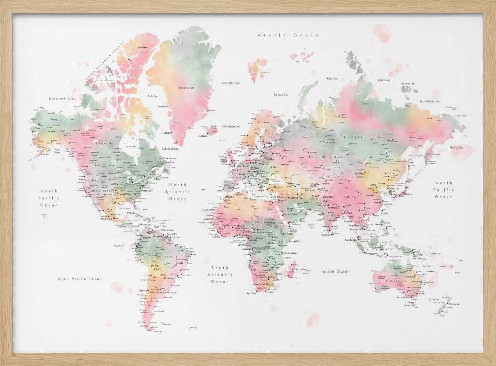 Soft Watercolor World Map Art Print UK — Animal Vibrant Wall Art — Nursery — Wall It All Prints
