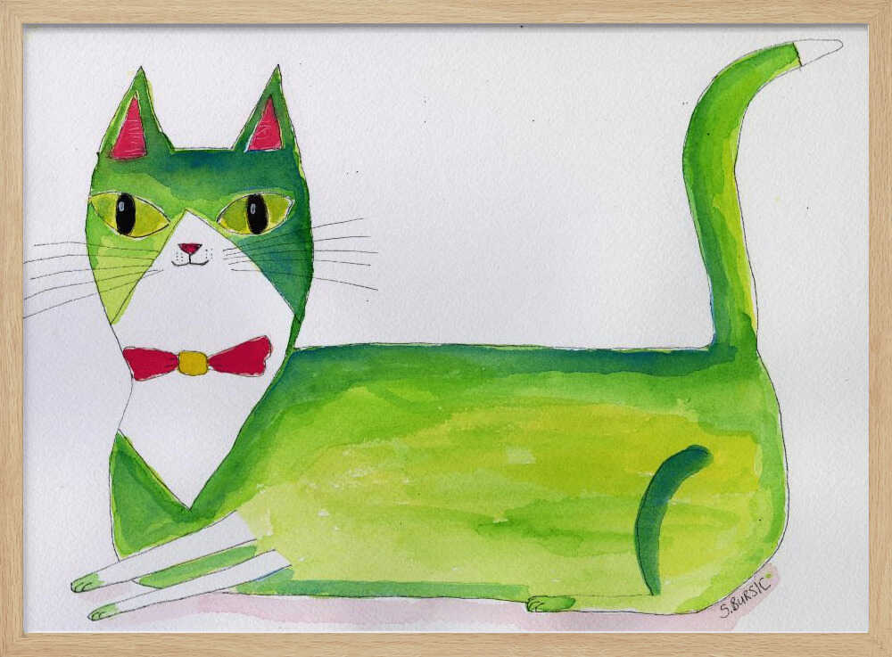 Green Bow Tie Cat Art Print UK — Animal Vibrant Wall Art — Living Room — Wall It All Prints