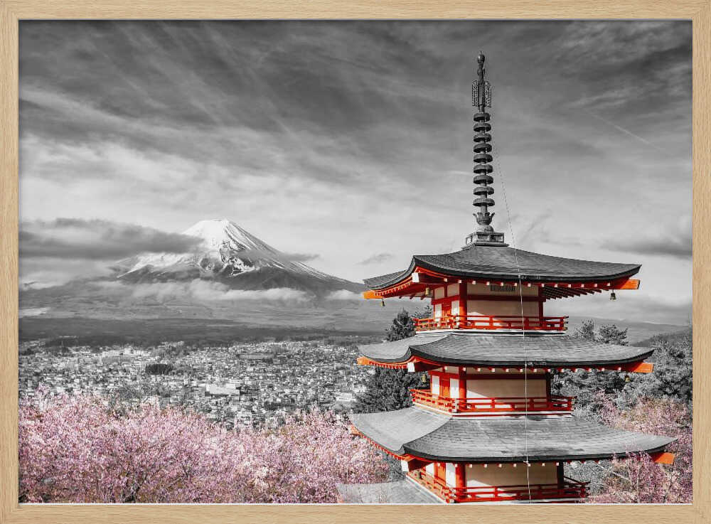 Cherry Blossoms Mount Fuji Pagoda Art Print UK — Japanese Vibrant Wall Art — Living Room — Wall It All Prints