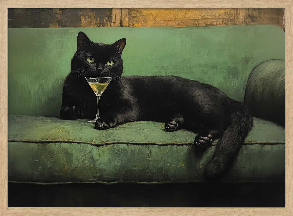 Resting Cat Green Sofa Martini 001 Art Print UK — Animal Dark Wall Art — Living Room — Wall It All Prints