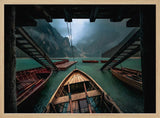 Misty Mountain Lake Boats Art Print UK — Dark Moody Calm Wall Art — Bedroom — Wall It All Prints