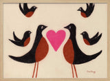 Illustrated bird couple and babies with pink and red heart details, bird nursery wall art print.