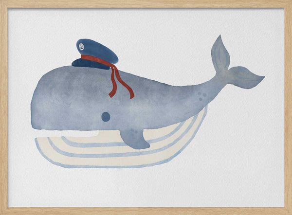 Watercolour whale wearing a captain’s hat, ocean nursery wall art print.