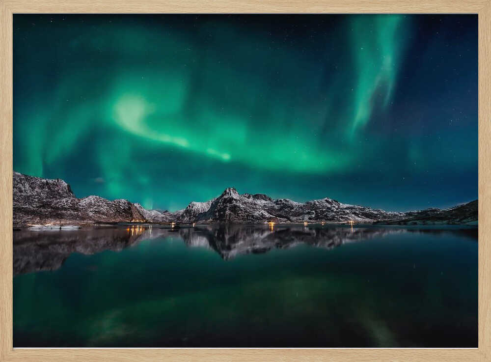Emerald Aurora Mountain Reflection Art Print UK — Dark Moody Calm Wall Art — Bedroom — Wall It All Prints