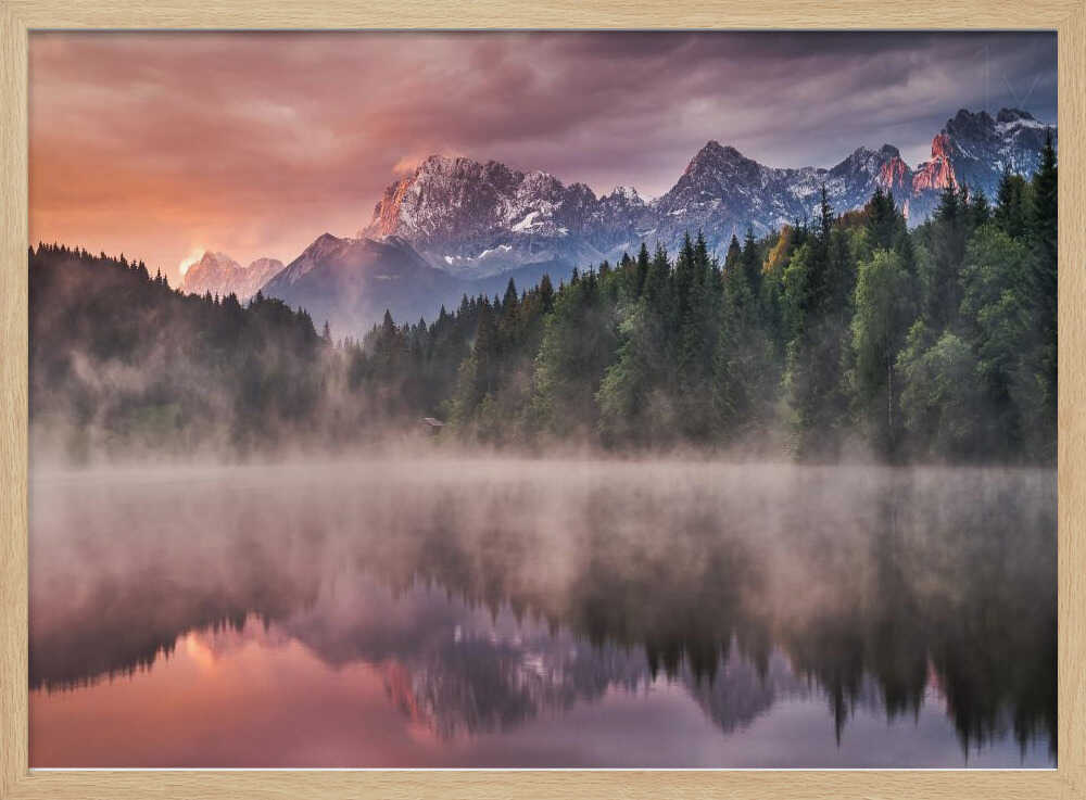 Misty Mountain Lake Reflection Art Print UK — Dark Moody Vibrant Wall Art — Bedroom — Wall It All Prints