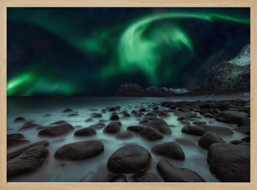 Northern Lights Rocky Shore Art Print UK — Dark Moody Vibrant Wall Art — Living Room — Wall It All Prints