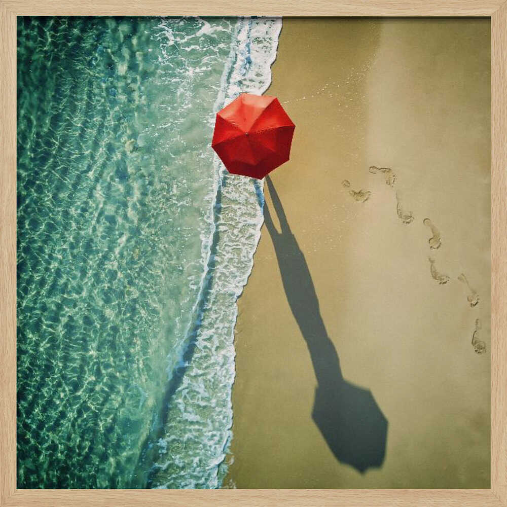 Red Umbrella Beach Walk Art Print UK — Dark Moody Vibrant Wall Art — Bedroom — Wall It All Prints
