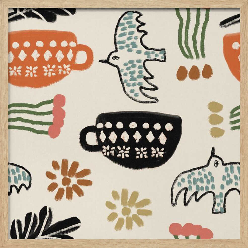 Nordic Folk Cups And Birds Art Print UK — Botanical Dark Wall Art — Kitchen — Wall It All Prints