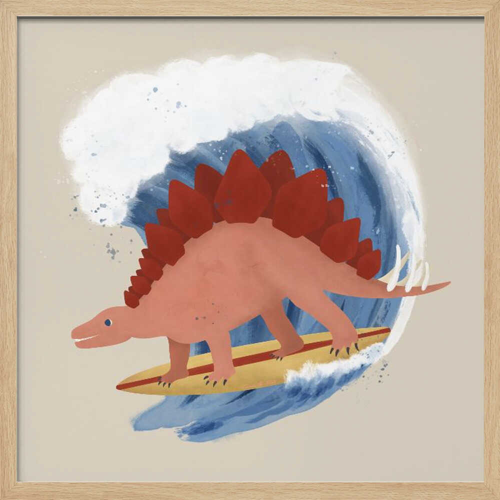 Watercolour stegosaurus surfing an ocean wave, dinosaur nursery wall art print.