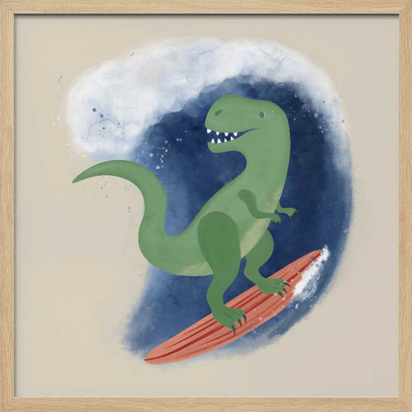 Cartoon T-Rex riding a red surfboard on an ocean wave, dinosaur nursery wall art print.