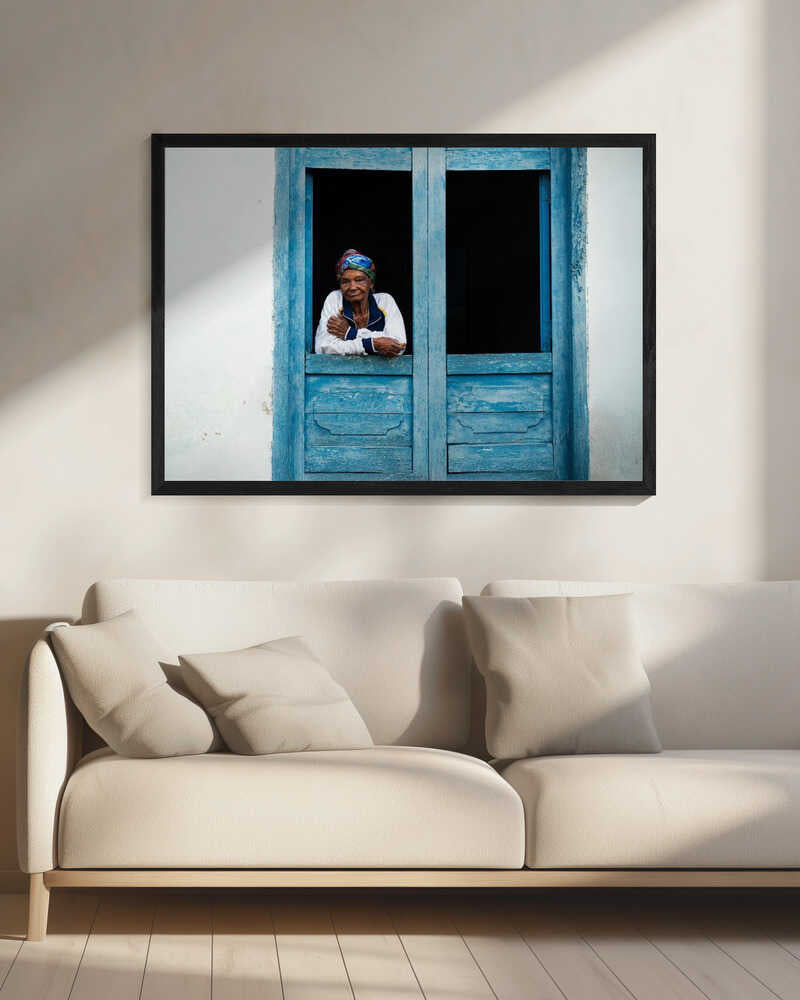 Elderly Woman in Blue Window Art Print UK — Dark Moody Vibrant Wall Art — Living Room — Wall It All Prints